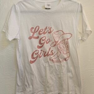 Let's Go Girls White and Pink Womens T-Shirt. Size Small